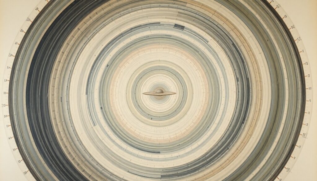 Experts Linked to UFO Research Vanish Mysteriously A highly abstract, geometric painting in soft blues, greens, and grays, featuring sweeping arcs, concentric circles, and precise spirals, conveying a sense of scientific order and unsolved mysteries.