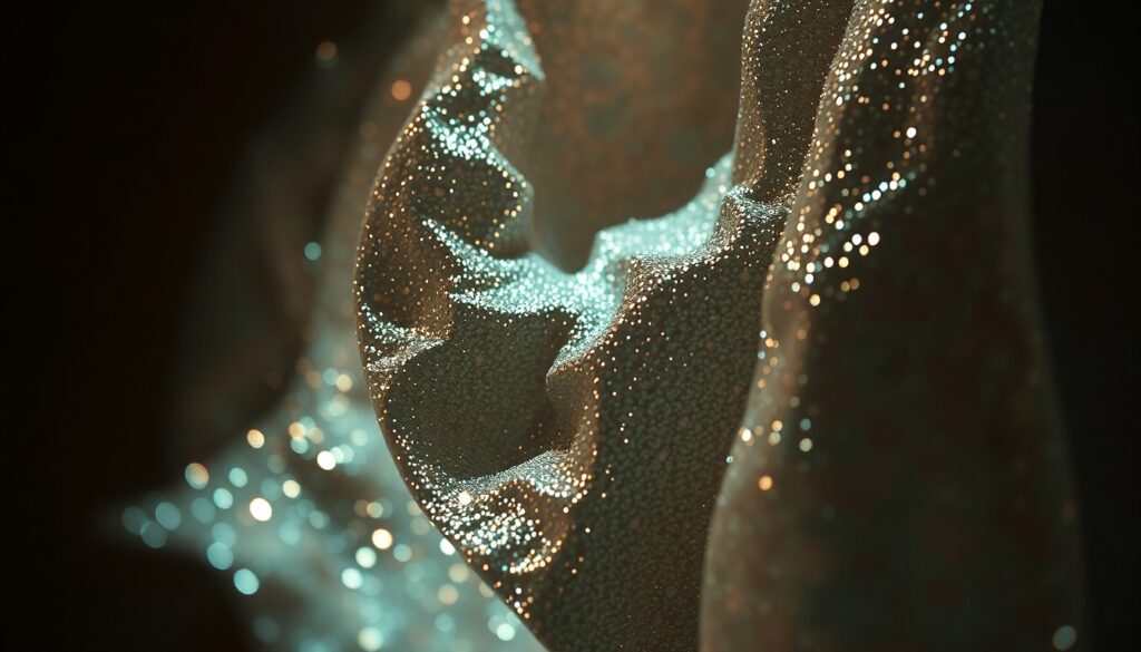 An extreme close-up of shimmering, glittering alien-like textures in dramatic, high-contrast studio lighting, conceptually representing the imaginative and otherworldly nature of the