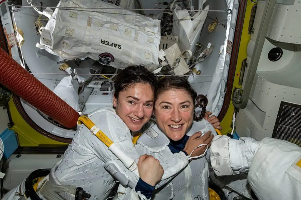 NASA astronauts Jessica Meir (left) and Christina Koch preparing to leave the hatch of the International Space Station and begin the first-ever all-female spacewalk on 18 October 20219. Credit: NASA