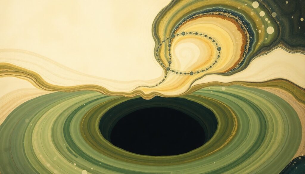 A highly structured abstract painting in soft, earthy tones of green, brown, and blue, featuring sweeping geometric arcs, concentric planetary circles, and precise botanical spirals, conceptually representing the explosive evaporation of a primordial black hole and the potential insights it could offer into the fundamental structure of the universe.