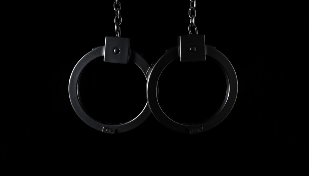An extreme close-up of a pair of metal handcuffs against a completely dark background, the harsh flash illuminating the textured surface and creating dramatic shadows, conceptually representing the ethical dilemmas faced by judges in the criminal justice system.