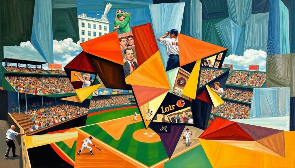 Malvern Leopards Remain Unbeaten in Conference with 12-2 Win A cubist-style painting depicting a baseball game, with the players and field broken down into sharp, overlapping geometric shapes in a vibrant color palette, capturing the energy and dynamism of the sport.