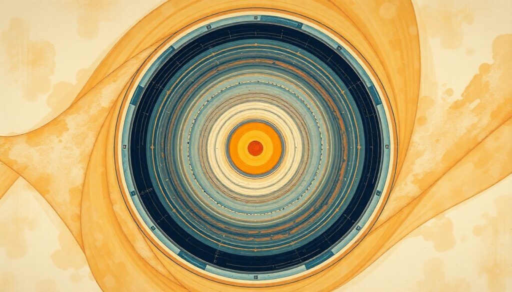 Astronomers Discover Most Primitive Star Yet A bold, highly structured abstract painting in muted earth tones, featuring sweeping geometric arcs, concentric circles, and precise botanical spirals, conceptually representing the complex stellar formation and supernova processes that created the ultra-metal-poor star SDSS J0715-7334.