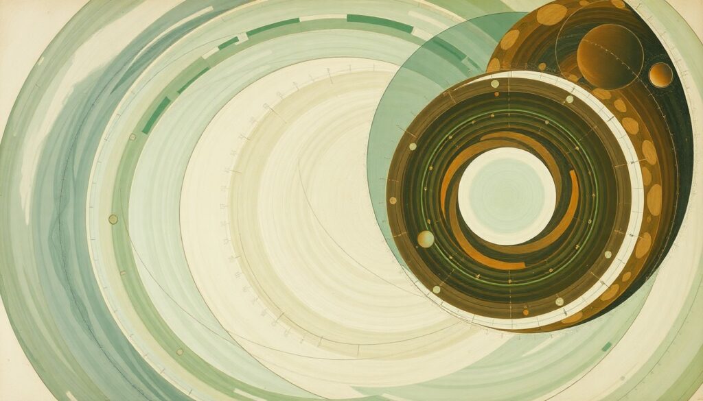 A bold, geometric abstract painting in soft, earthy tones of green, blue, and brown, featuring sweeping arcs, concentric circles, and precise spirals that evoke the complex forces and structures of space exploration and policy without using any text or symbols.