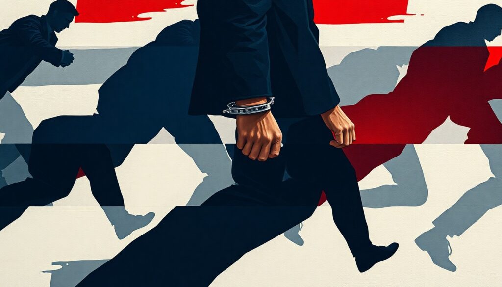 Virginia Governor Ends ICE Cooperation, Protects Illegal Alien Wanted for Homicide A fractured, abstract painting depicting a handcuffed figure in motion, repeated in overlapping geometric shapes and waves of dark blue, charcoal gray, and crimson red, conveying a sense of tension and conflict.