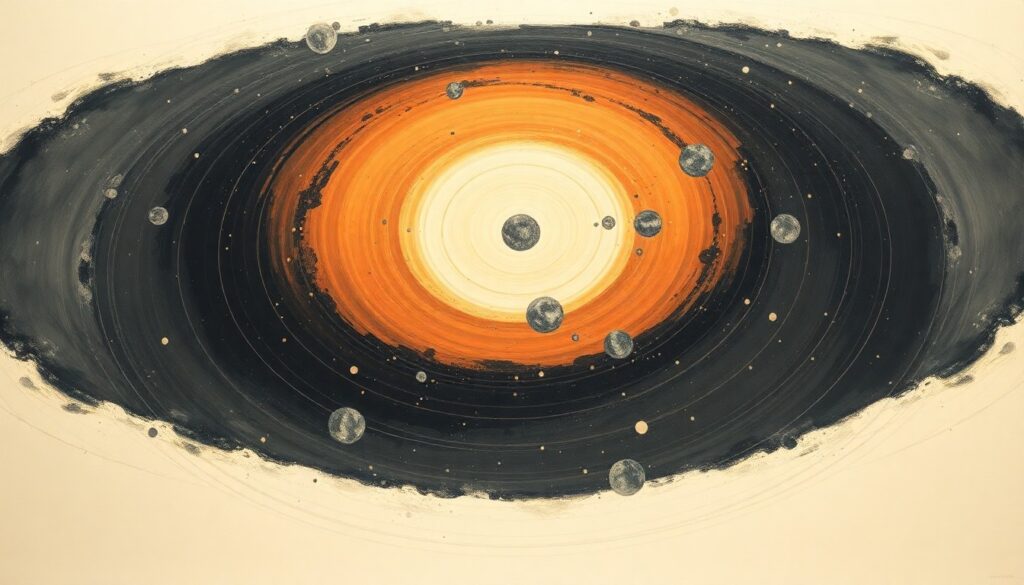 Interstellar Comet 3I/ATLAS to Make Closest Approach to Earth in 2026 A bold, abstract painting in soft, flat colors depicting the complex trajectory and interstellar origins of comet 3I/ATLAS as it approaches the inner solar system, with sweeping geometric arcs, concentric planetary circles, and precise botanical or physical spirals conveying the structural order of the universe.