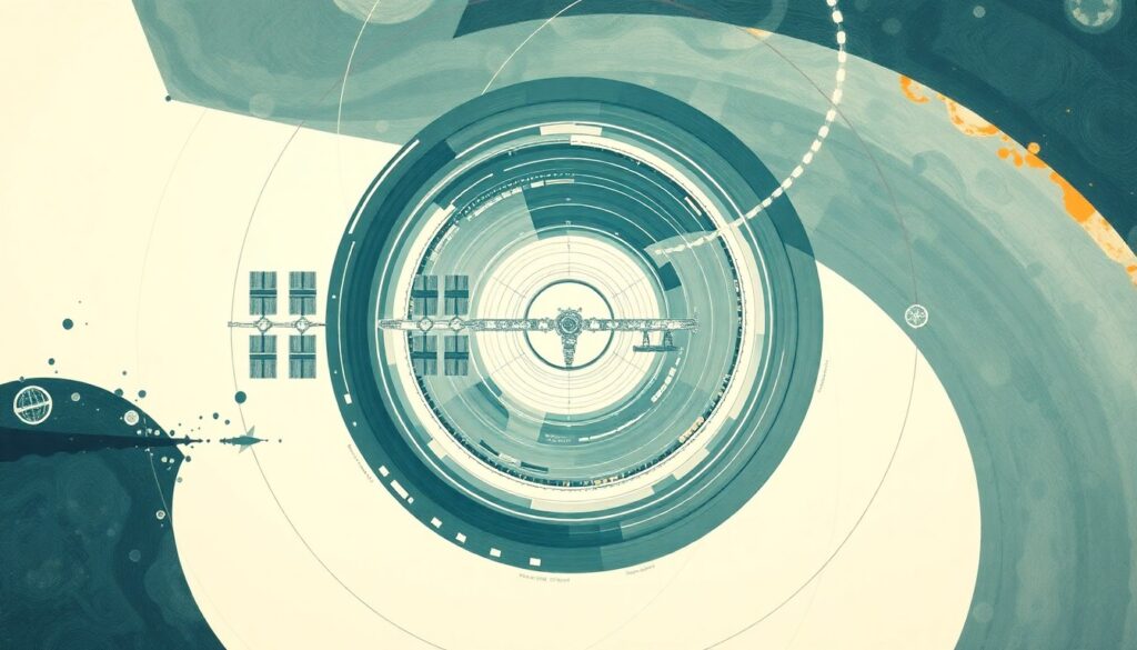 International Space Station Welcomes New Crew: A Diverse Team’s Journey to Space A highly structured abstract painting in soft earthy tones of blue, green, and orange, featuring sweeping geometric arcs, concentric circles, and precise botanical spirals, conceptually representing the global cooperation and scientific structures of the International Space Station.