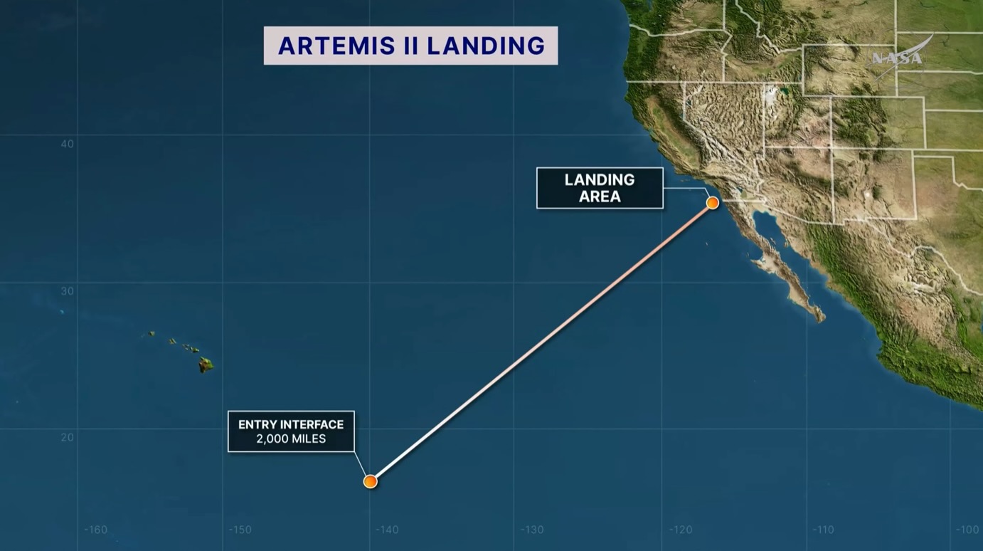 Map showing Artemis 2's planned splashdown zone, which is just off the coast of San Diego