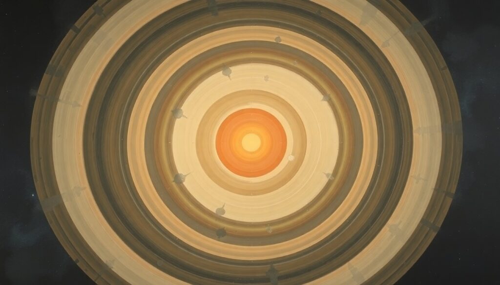 Artemis II Astronauts Answer Science World’s Question About Best Space Movie An abstract, highly structured painting in soft, flat colors featuring sweeping geometric arcs, concentric planetary circles, and precise botanical spirals, conceptually representing the complex forces and concepts of space exploration.