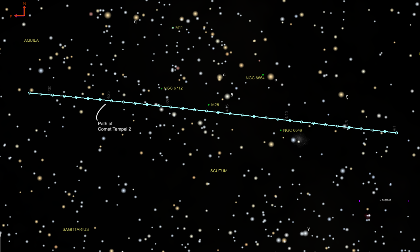 Path of Comet Tempel 2 in April 2026