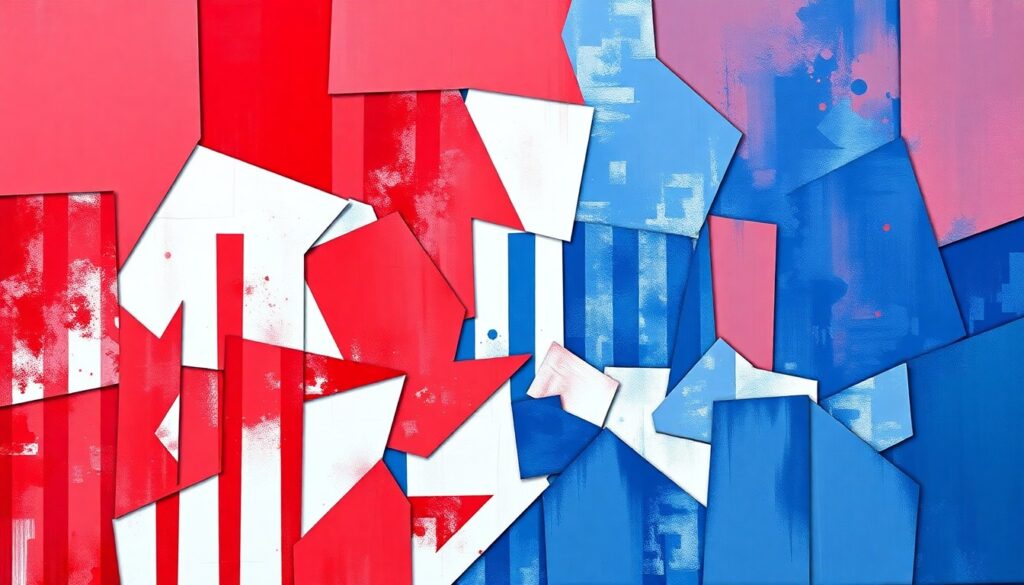 Criminal Aliens Accused of Horrific Crimes Against Women and Children A dynamic, abstract painting in red, white, and blue hues featuring the overlapping, fragmented shapes of a border fence or wall, conveying a sense of movement and tension around the issue of immigration enforcement.