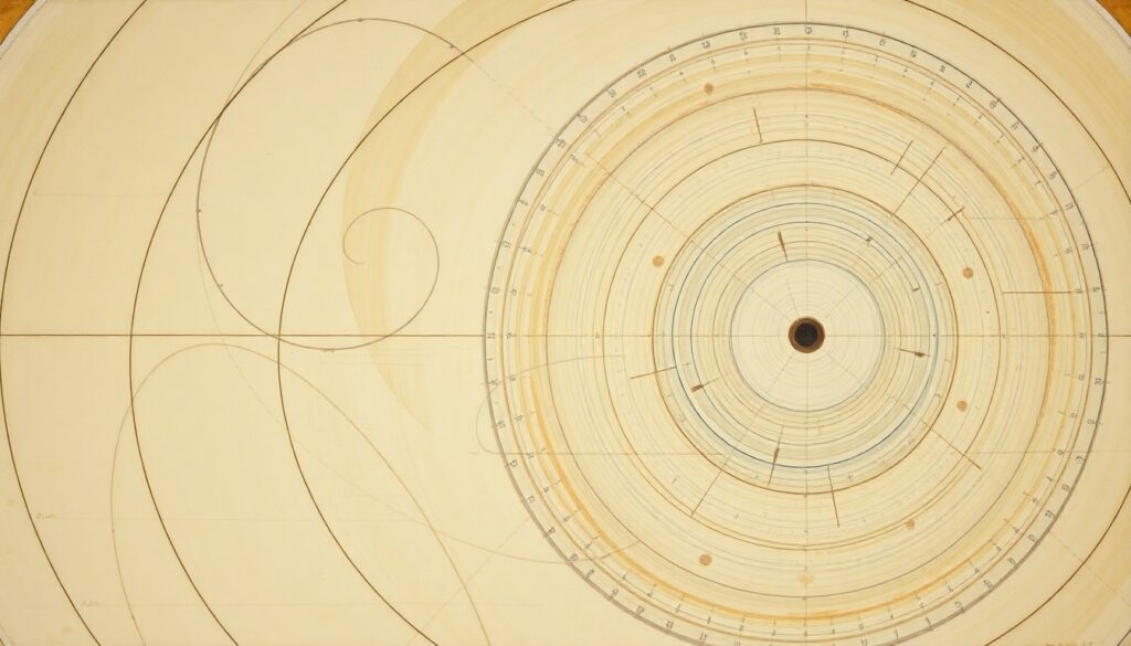 A highly structured abstract painting in muted earth tones, featuring sweeping geometric arcs, concentric circles, and precise botanical spirals, conveying the complex scientific forces and concepts behind the alleged alien propulsion system powered by Element 115.