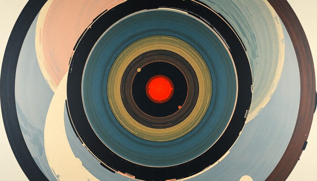 An abstract, highly structured painting in soft, flat colors depicting the complex scientific forces and concepts of comet 3I/ATLAS, with sweeping geometric arcs, concentric circles, and precise spirals conveying the structural order of the universe.