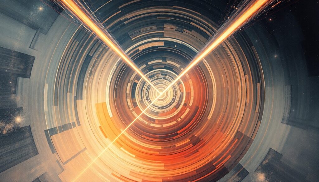 An abstract, highly structured painting in soft, flat colors depicting sweeping geometric arcs, concentric circles, and precise spirals, conveying the structural order and energy of a distant cosmic