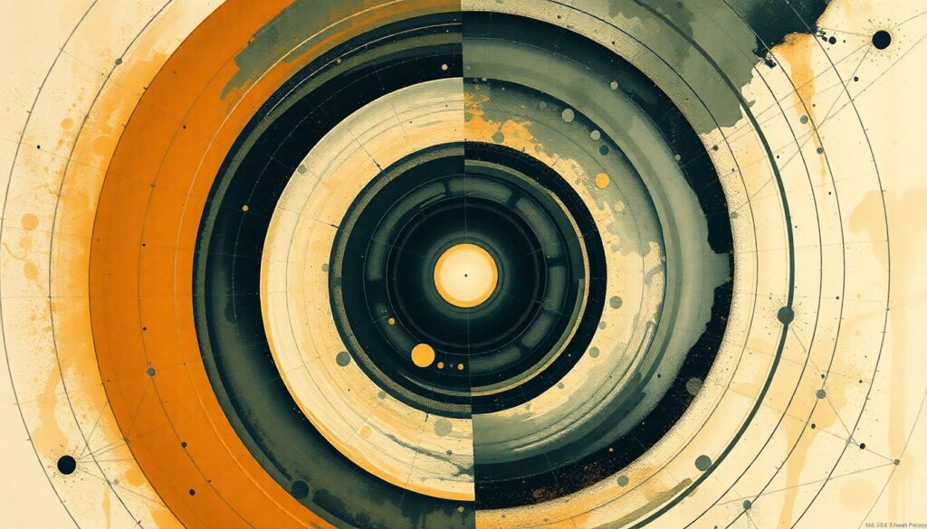 Astronomers Precisely Measure Universe’s Expansion Rate, Hubble Tension Persists A highly textured, abstract painting in earthy tones of ochre, sage, and indigo, featuring sweeping geometric arcs, concentric circles, and precise botanical spirals, conceptually representing the complex forces and structures underlying the expansion of the Universe.