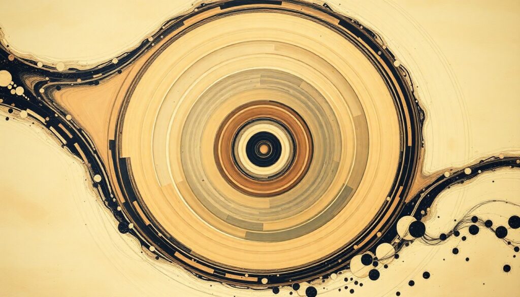 A highly structured abstract painting in soft, earthy tones, depicting the complex geometric shapes, waveforms, and spiraling patterns of an interstellar comet, conveying the mysterious beauty and unseen forces of a cosmic visitor from beyond our solar system.