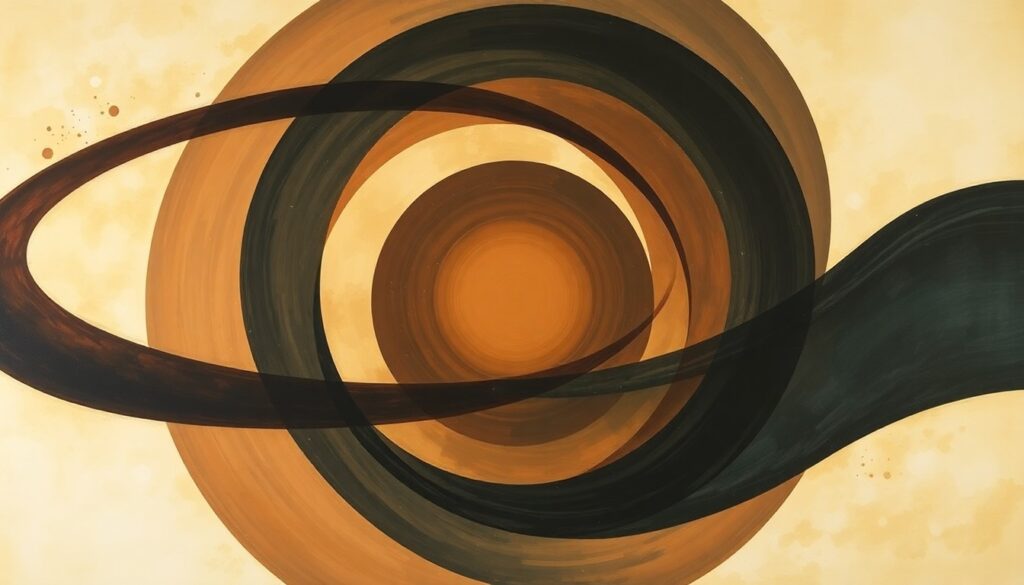 A bold, abstract painting featuring sweeping geometric arcs, concentric circles, and precise spirals in earthy tones of brown, ochre, and deep blue, conceptually representing the complex interactions and gravitational effects of self-interacting dark matter.