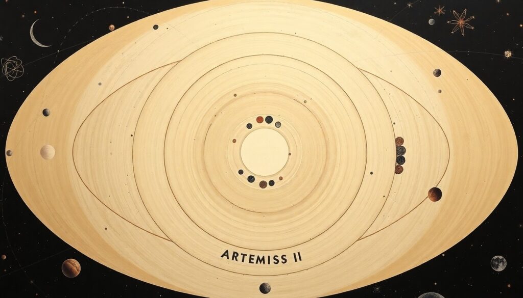 A bold, highly structured abstract painting in muted earth tones, featuring sweeping geometric arcs, concentric planetary circles, and precise botanical spirals, conceptually representing the complex scientific and engineering feats that enabled the Artemis II lunar mission.