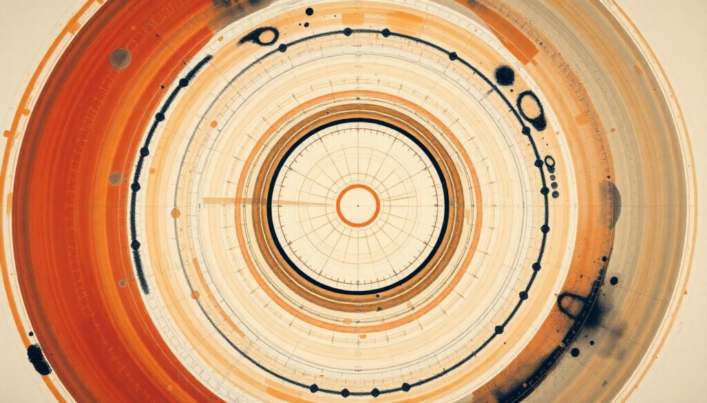 Advanced Materials Science Powering Medicine, Defense & Space Tech An abstract painting in soft blues, greens, and grays featuring sweeping geometric arcs, concentric circles, and precise spirals, conceptually representing the complex scientific forces and innovations driving advanced materials science.