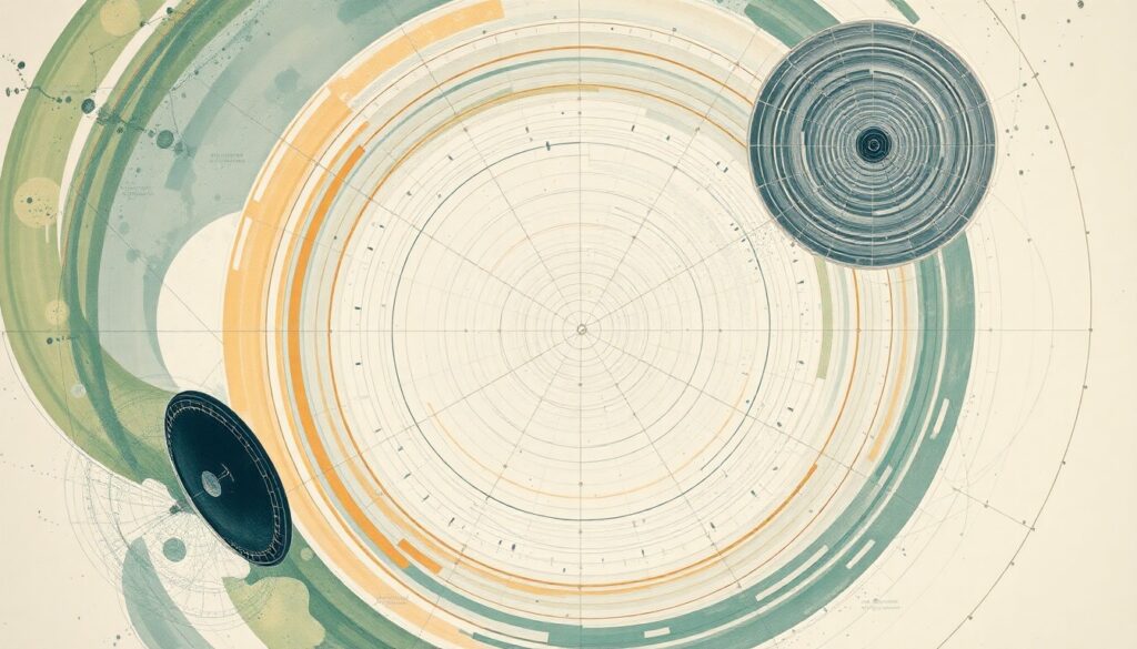 A bold, abstract painting in soft earth tones depicting an intricate network of interconnected geometric shapes and waveforms, conceptually representing the complex architecture of a high-speed global satellite communications system.