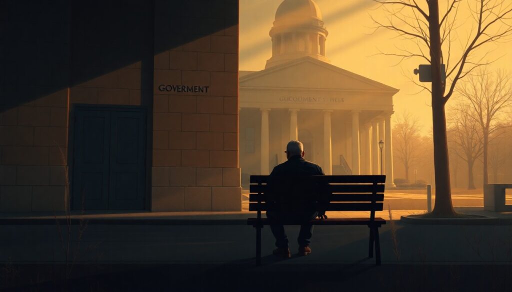 A realistic oil painting depicting a lone figure sitting on a bench outside a nondescript government building, the scene bathed in warm, dramatic lighting that casts deep shadows, conveying a sense of isolation and the complex social issues surrounding homelessness and immigration.