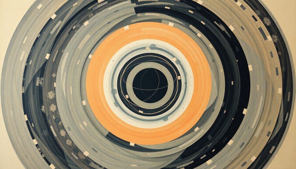 A vibrant abstract painting in soft blues, greens, and purples, featuring sweeping geometric arcs, concentric circles, and precise spirals, conceptually representing the complex scientific forces and mysteries surrounding unidentified aerial phenomena.