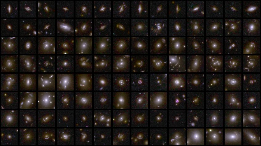 A 12 x 8 grid displays galaxies in various shapes and colors, ranging from spiral to elliptical, with varying brightnesses.