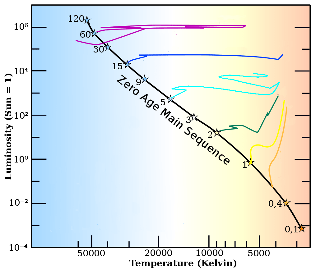 Hertzsprung-Russell diagram showing stellar luminosity vs. temperature, with the Zero Age Main Sequence where stars ignite and evolutionary tracks for stars of various masses.