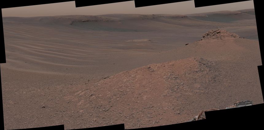 Curiosity’s Mastcam captures this mosaic in 2019 of a region on Mount Sharp with many clay-bearing rocks.