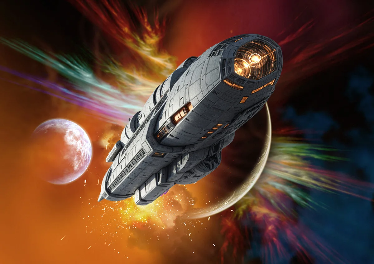 Illustration of a spacecraft travelling through space. Credit: Victor Habbick Visions / Science Photo Library / Getty