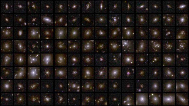 112 tiny galaxy photos with thin arcs of light around each.