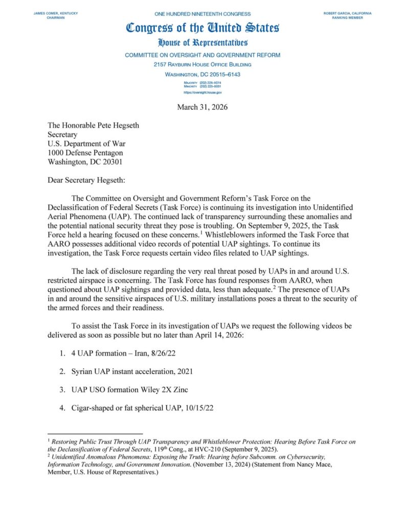 Rep. Anna Paulina Luna sent a letter to Defense Secretary Pete Hegseth requesting over 40 specific UAP video files.
