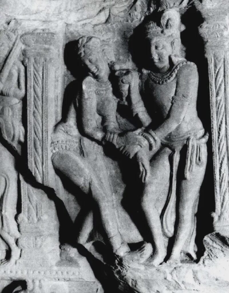 Woman rejecting the cup of wine offered by her lover, c. 300 CE, Nagarjunakonda, India