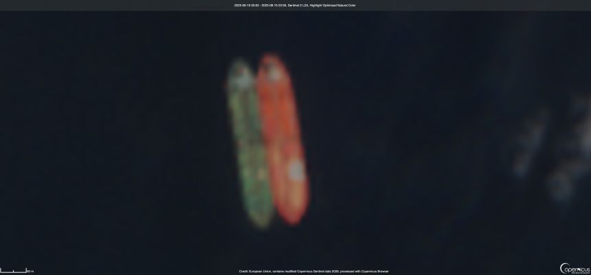 Satellite imagery appears to show the MT Tifani conducting a ship-to-ship transfer with the Macho Queen off Malaysia's east coast in August 2025.