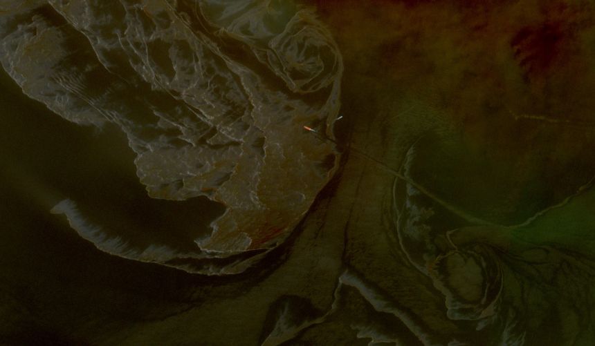 A vessel moves through the oil slick off Lavan Island, Iran on April 10.