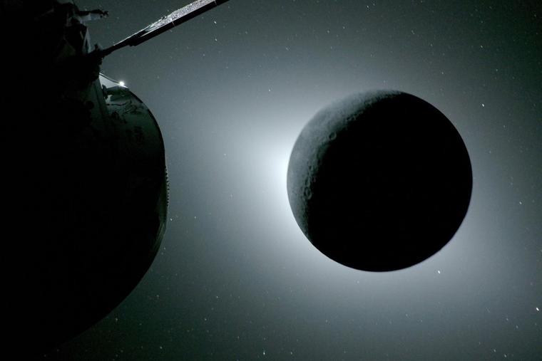 Artemis II, Carroll Wiseman and the Catholic Connection| National Catholic Register The moon, backlit by the Sun, is seen on April 6 from a camera mounted on the Orion spacecraft’s solar array wing, with part of Orion visible at left. Earthlight faintly illuminates the Moon’s left edge, making it slightly brighter than the rest of the disk.