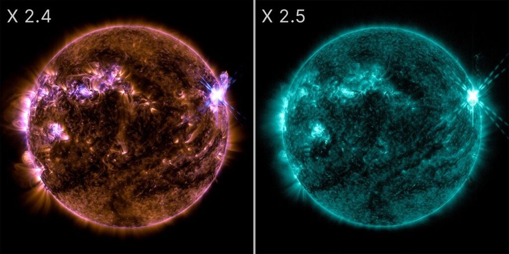 On the left, an image of the Sun labeled X2.4. The Sun is against a black background. It appears as a dark gold color, with bright purple areas representing active regions. Toward the top right, there is a bright blue X with solar material. On the right side of the image, there is another Sun. This one is teal with swirls of black. On the top right, there is a bright blue and white X from the flare.