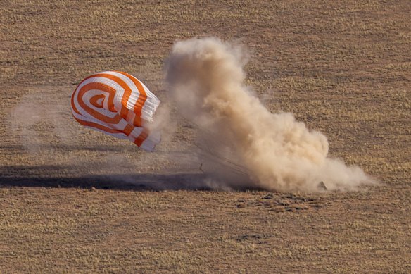 A Soyuz capsule lands in Kazakhstan in 2023.