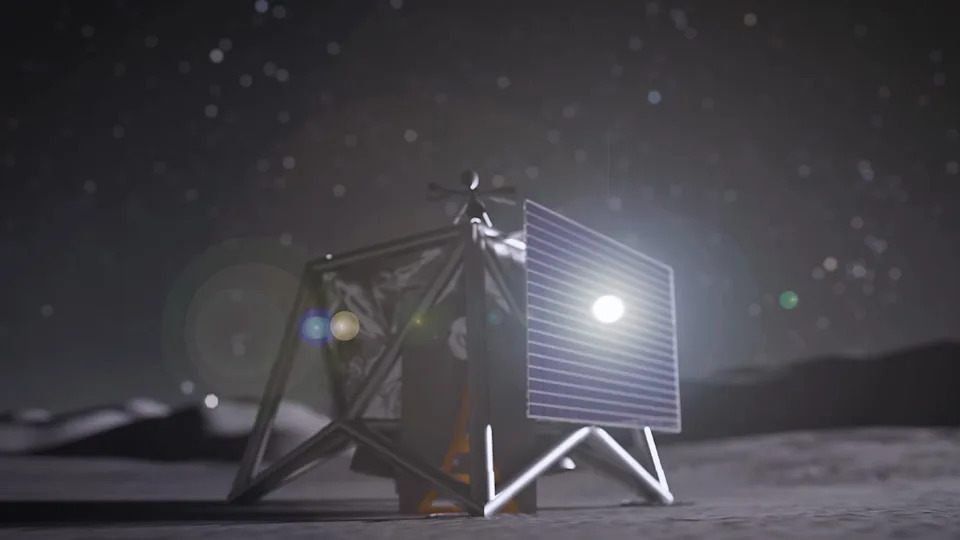 a cube-shaped vehicle soars above a dusty grey surface dotted with craters