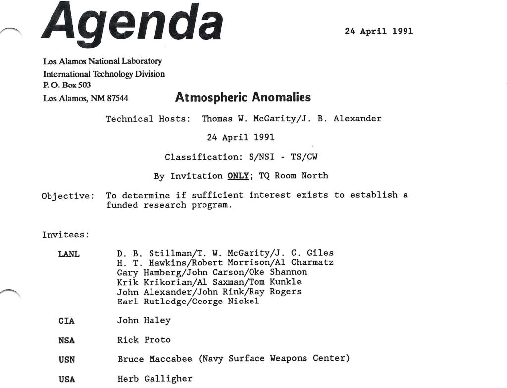 A document supposedly from Los Alamos National Laboratory shows the agenda for a meeting from 1991.