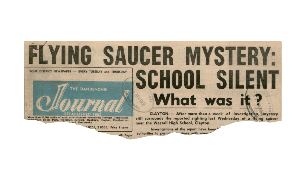Partial tearsheet of a newspaper. Flying saucer mystery, school silent