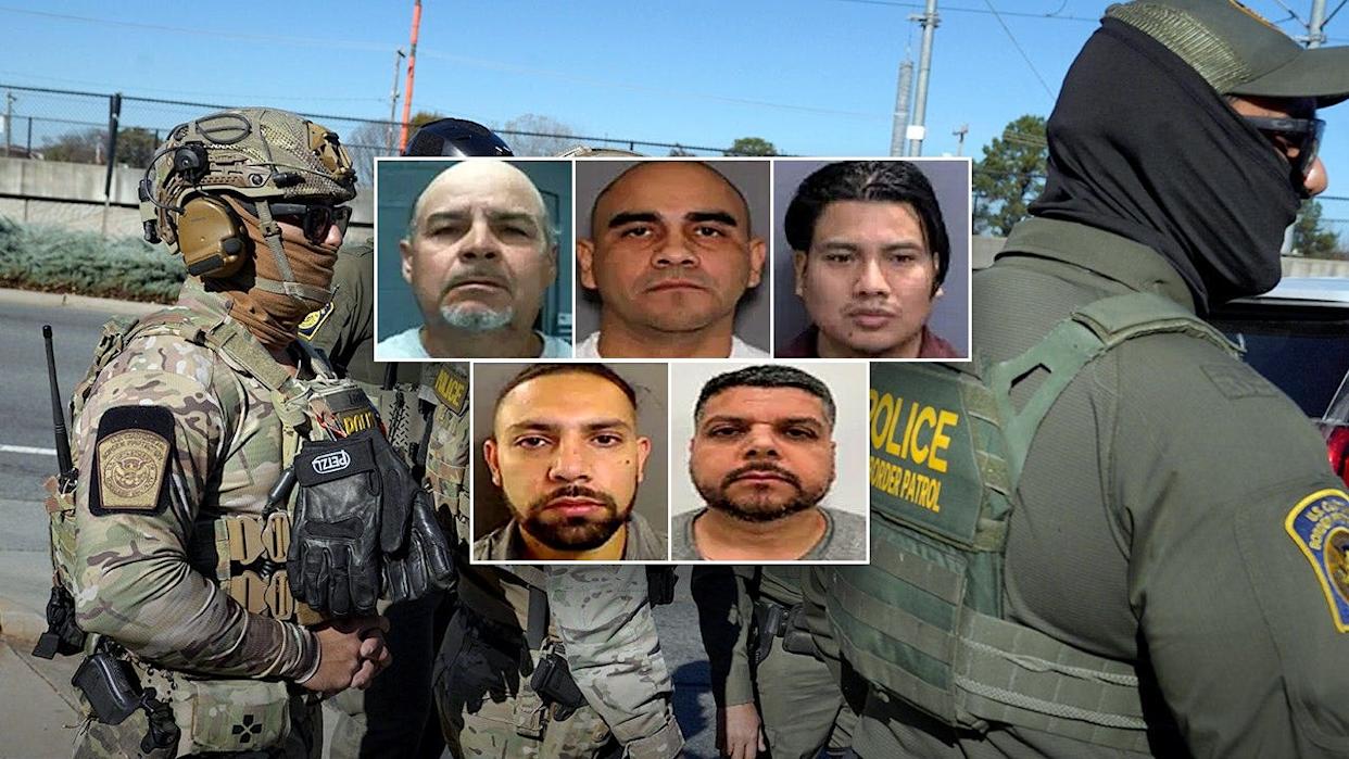 Law enforcement officers in tactical gear stand during an operation, with inset mugshots of several men identified as individuals arrested by ICE.