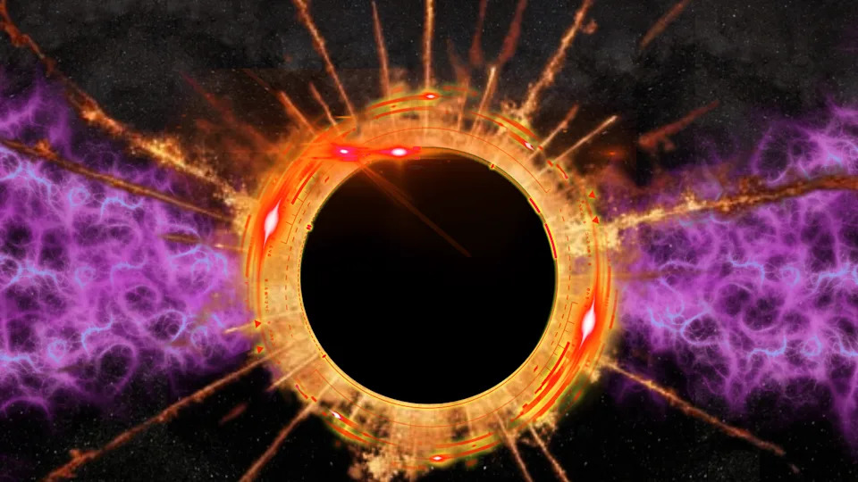  A black circle surrounded by yellow and orange light. The background has purplish lights moving horizontally. 