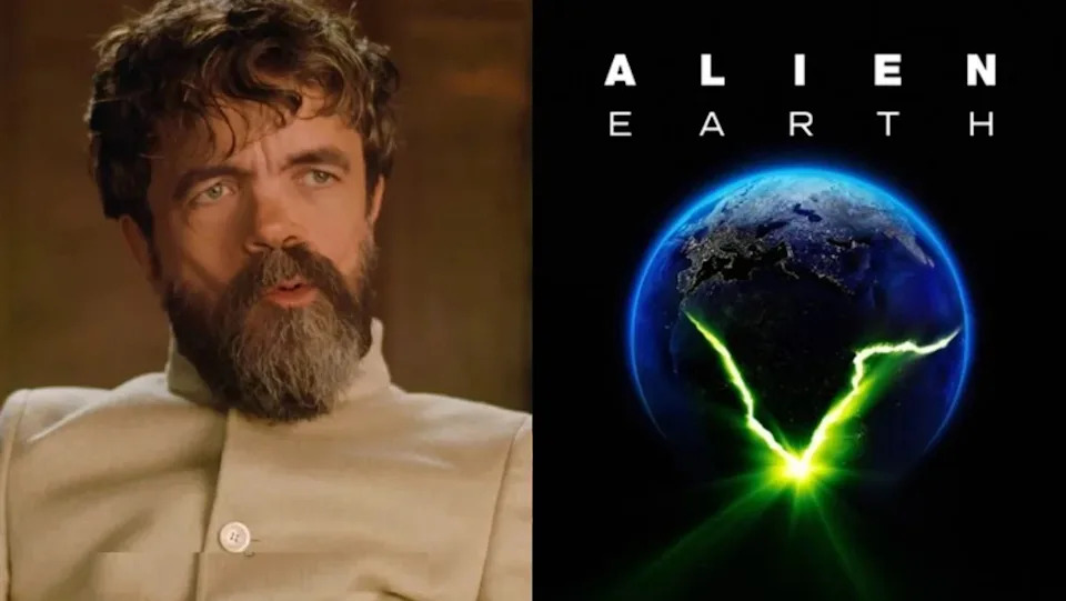 (Left) Peter Dinkage in Dexter: Resurrection (Right) The Alien: Earth logo.