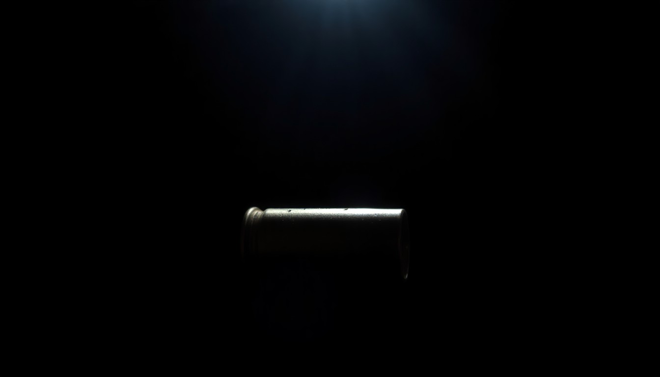An extreme close-up photograph of a spent shotgun shell casing, its metallic surface and ridges dramatically illuminated by a harsh, direct camera flash against a pitch-black background, conceptually representing the violent crime at the heart of this story.