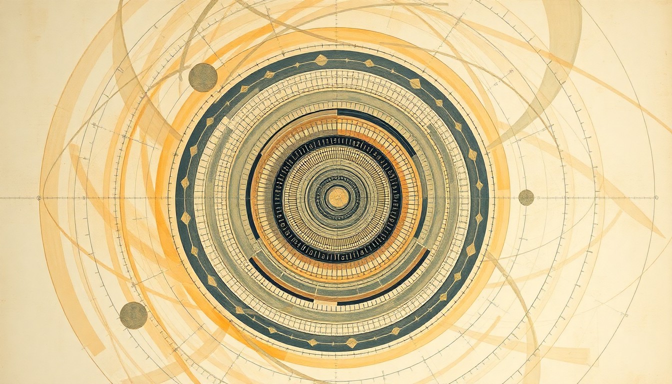 A bold, abstract painting in the style of Hilma af Klint, featuring sweeping geometric arcs, concentric circles, and precise spirals in earthy tones, representing the complex logistical and technological challenges of recovering astronauts from the Artemis II mission.