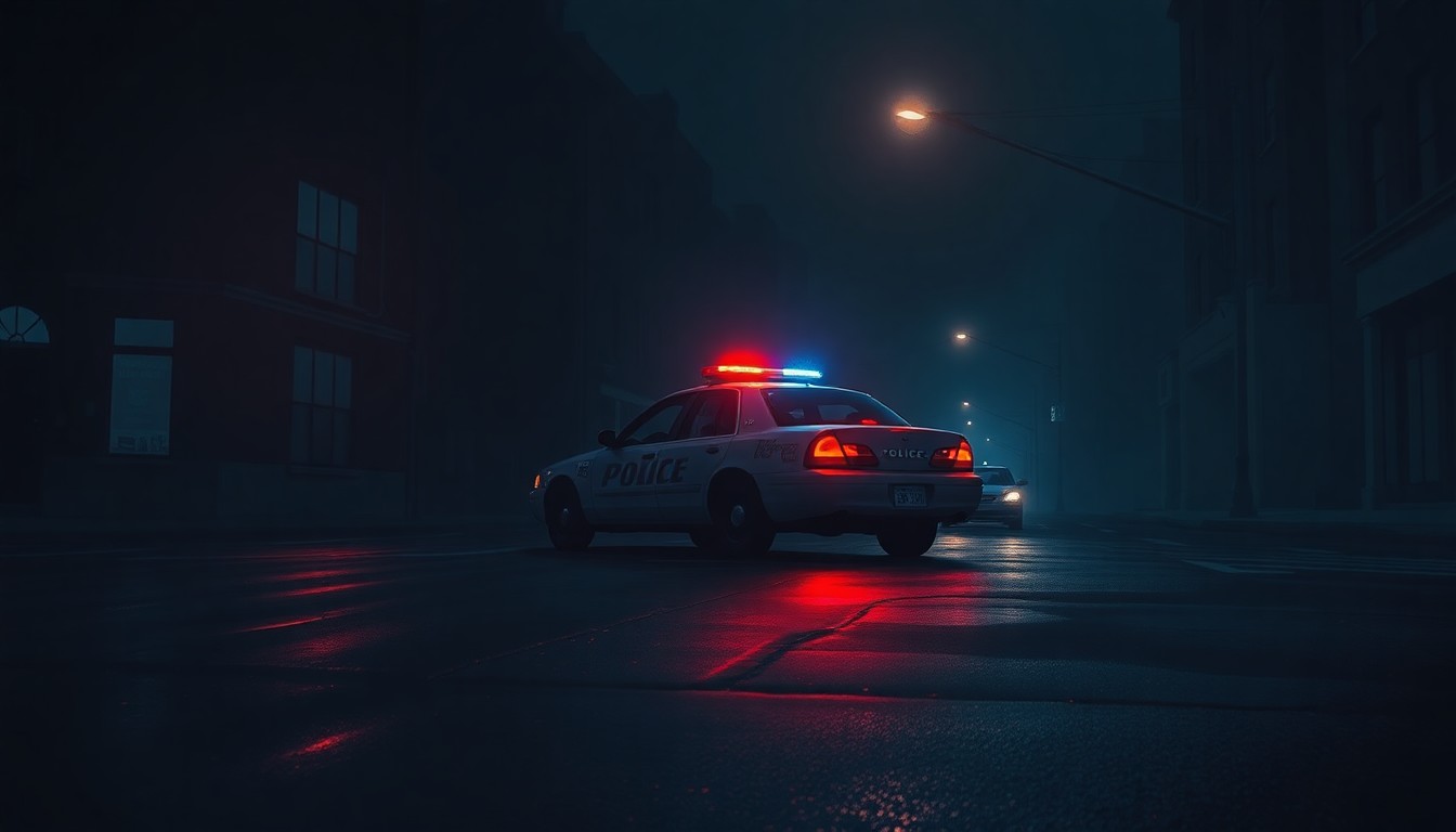 A cinematic painting of a lone police car parked on a deserted city street at night, with muted colors and reflections of the red and blue lights on the wet pavement, conveying a sense of tension and uncertainty around immigration issues.