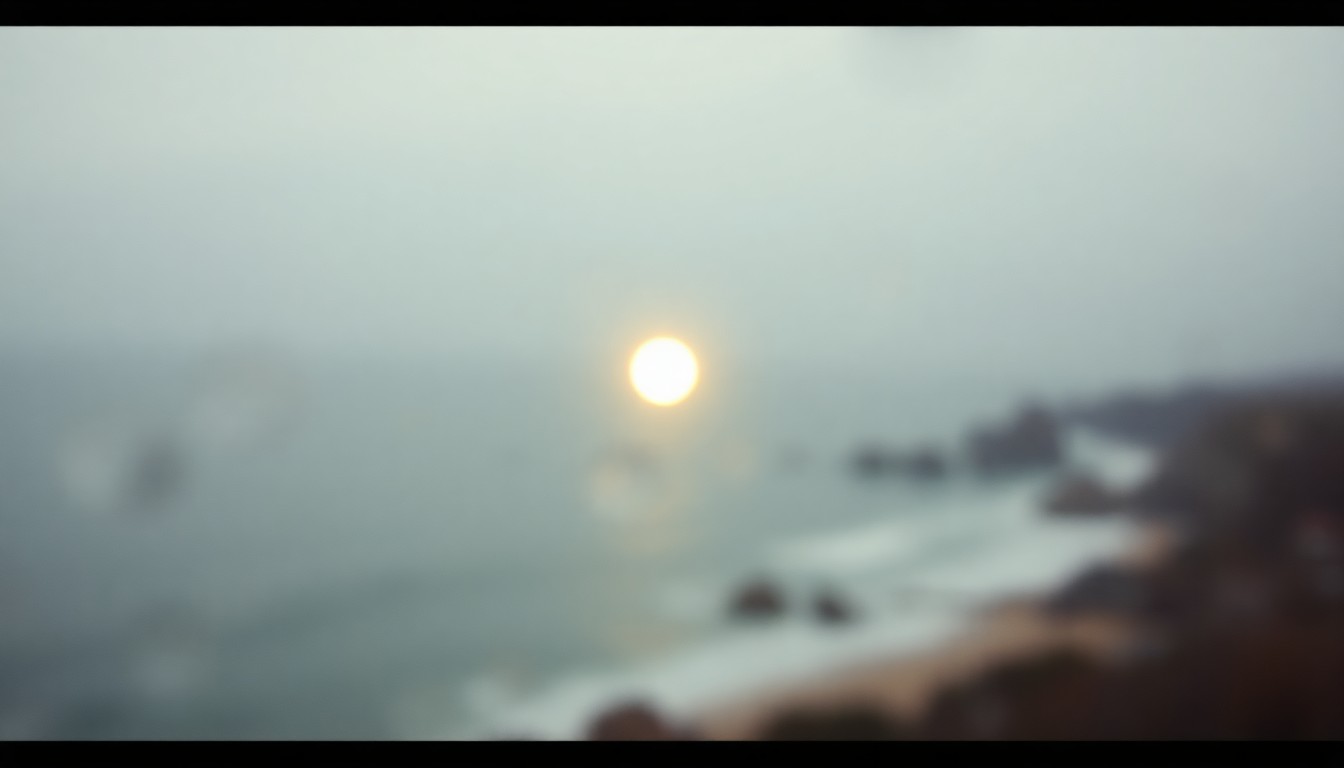 An extremely abstract, out-of-focus photograph depicting a soft, glowing orb of light hovering over a blurred coastal landscape, surrounded by hazy, atmospheric pools of warm color, conceptually representing the unexplained UFO sighting.