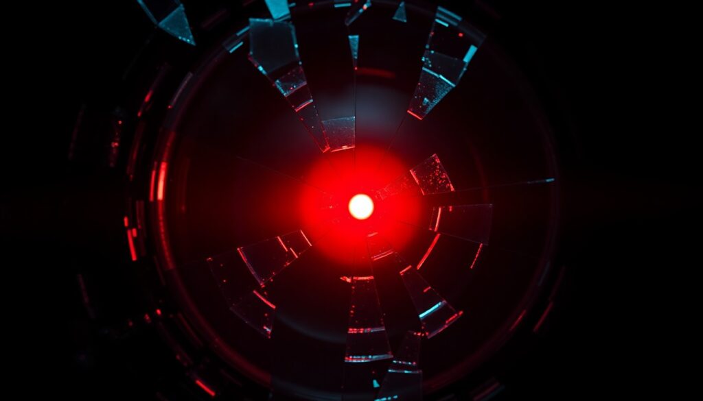 An abstract close-up photograph of a shattered glass lens reflecting a faint red light, conveying the mysterious and fragmented nature of UFO research.