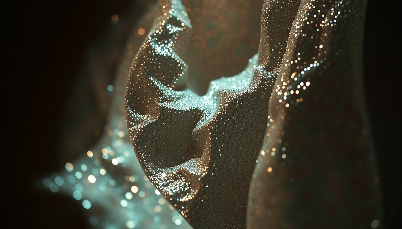 An extreme close-up of shimmering, glittering alien-like textures in dramatic, high-contrast studio lighting, conceptually representing the imaginative and otherworldly nature of the 'Project Hail Mary' film.